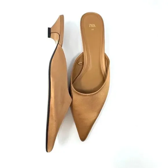 Zara Tan Pointed Toe Satin Mules - Picture 1 of 7